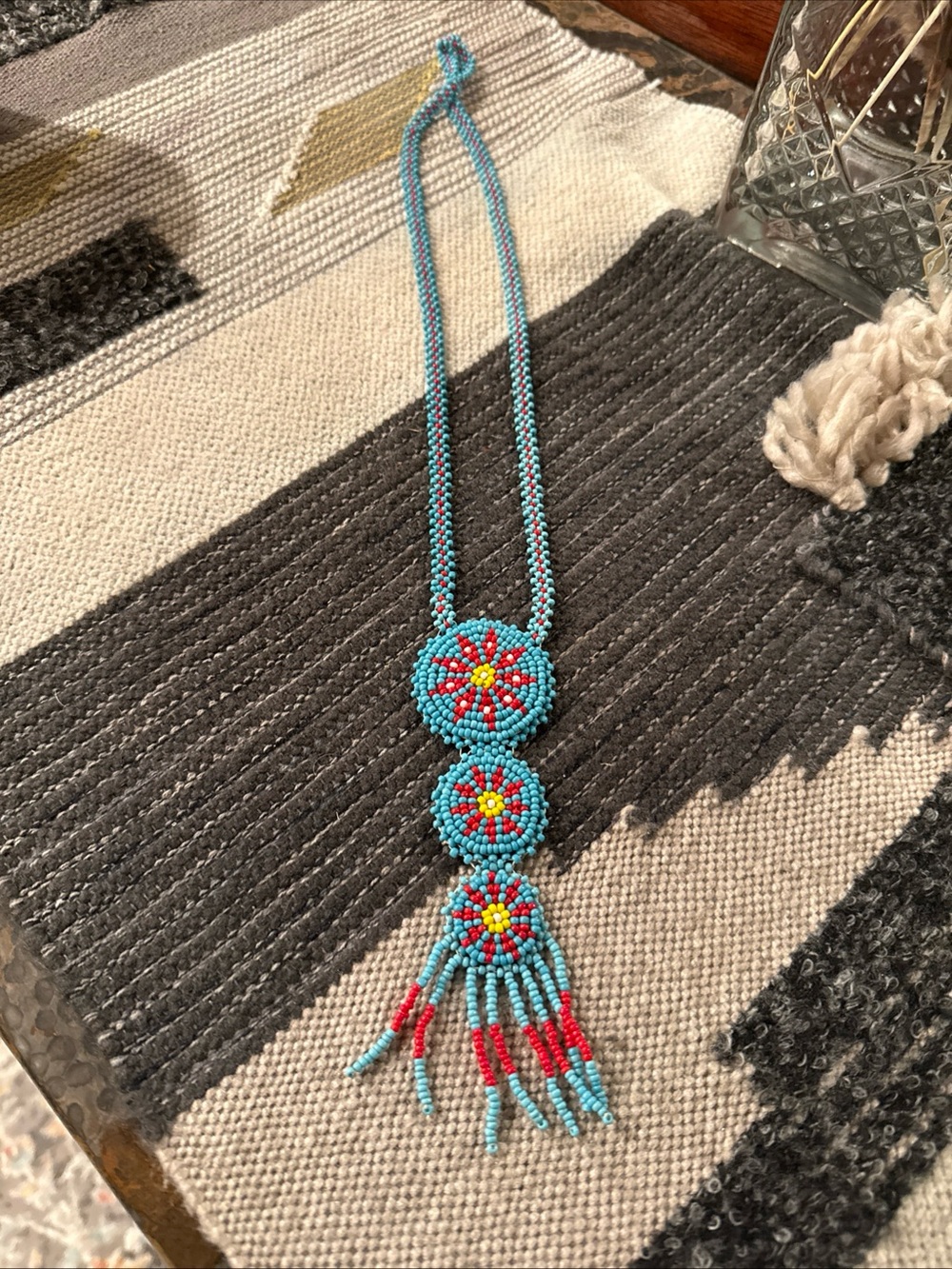 Navajo Handmade Turquoise Beaded Floral Pendant Necklace - vintage